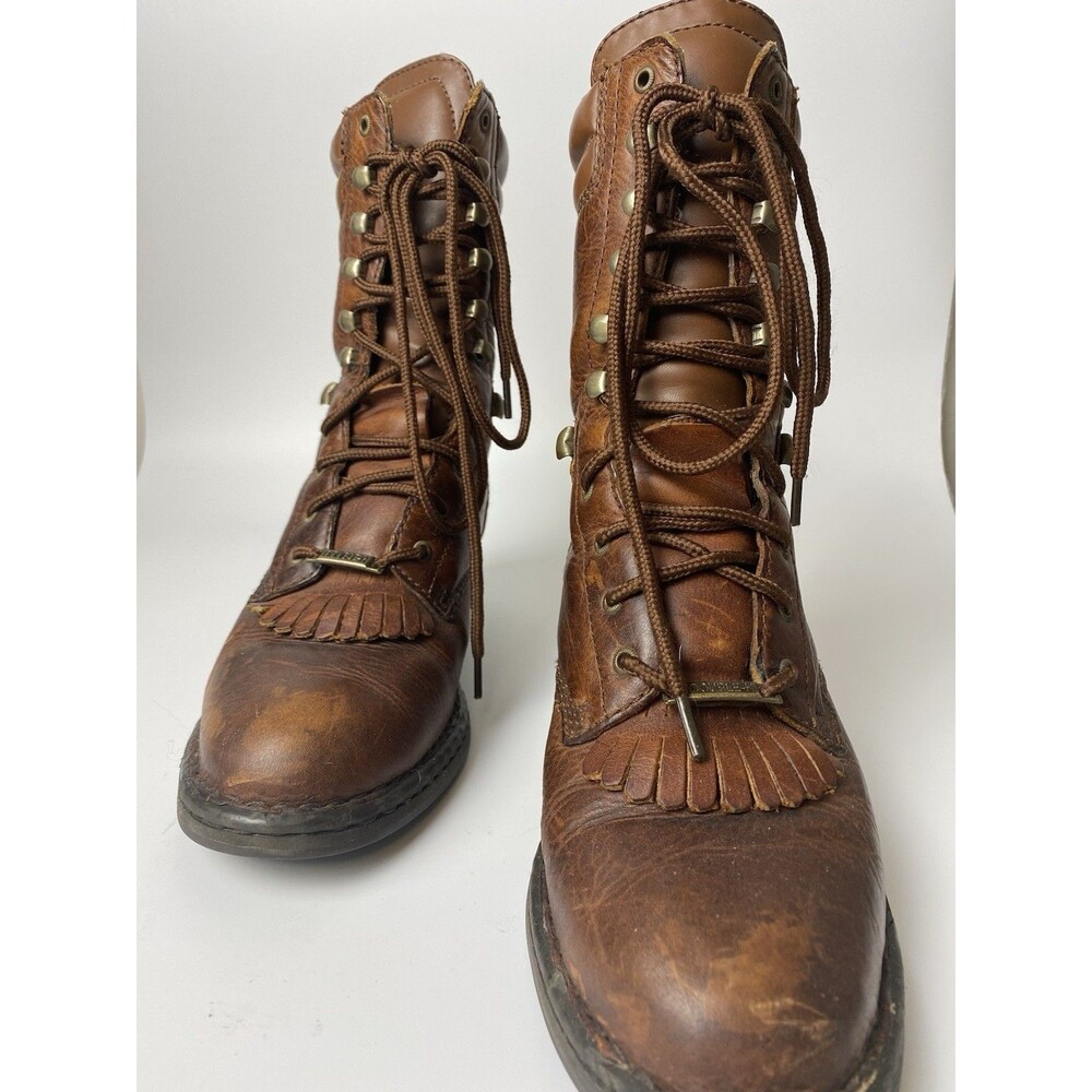 Double H Women’s Brown Leather Lace Up Western Boots 7 M Cowgirl Boho Peasant